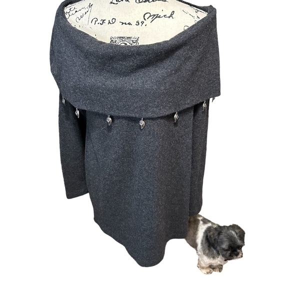 Extravert by Ritva Kariniemi 100% Lambswool Cowl Neck Ebelished Gray Sweater M/L - Picture 5 of 10